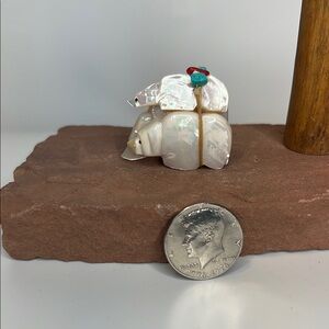 Mother of Pearl Bear Figurine with Turquoise Accent